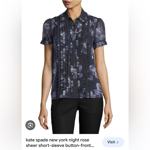 Kate Spade- Night shade rose sheer blouse black blue floral - Picture 4 of 9